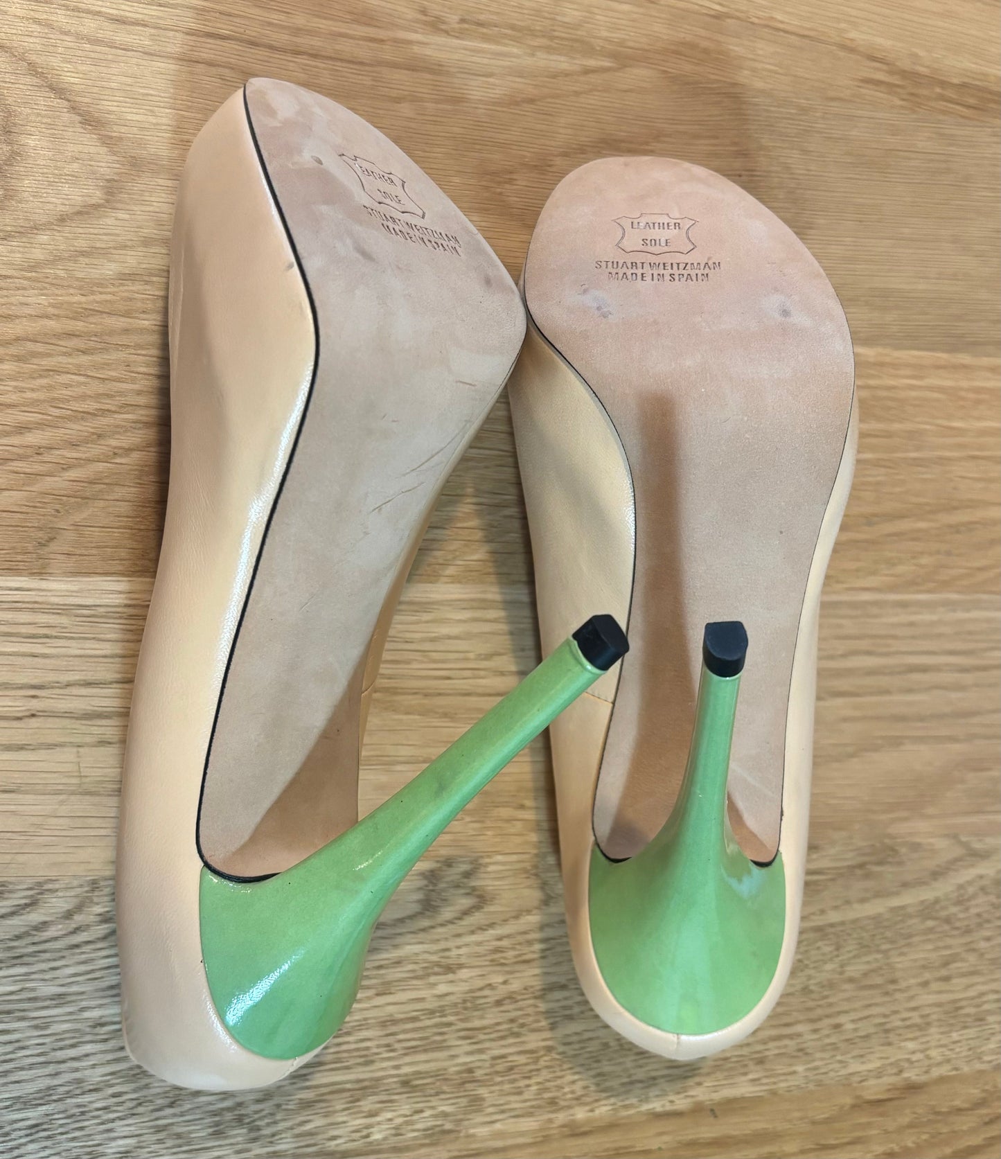 Stuart Weitzman Nude Leather Peep Toe Pumps 5” Heel Size 8.5